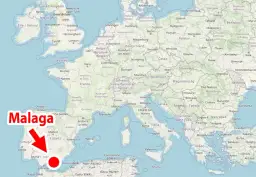 Mapa Europy z zaznaczoną na czerwono Malagą. Gdzie jest Malaga? Na południu Hiszpanii, nad Morzem Śródziemnym.