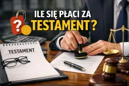 Ile kosztuje przepisanie majątku u notariusza? Na stole notarialnym dokument testamentu, pieczęć, waga sprawiedliwości i okulary.