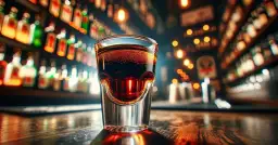 Mroczny, kuszący kieliszek z drinkiem z jagerem, lśniącymi bąbelkami, na tle rozmytych butelek i świateł baru.