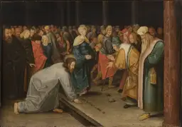 Jezus pisze palcem po ziemi, gdy tłum osądza kobietę. Obraz przypomina o sumieniu po polsku i o tym, że każdy ma swoje grzechy.