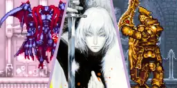 Trzy obrazy: demoniczny rycerz, postać z białymi włosami i mieczem, złoty rycerz. Aria of sorrow.