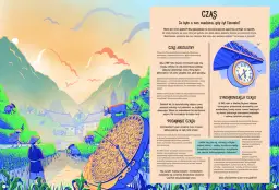 Ilustracja przedstawia krajobraz z tarasem ryżowym i ludźmi pracującymi. W tle góry i budynki. Na pierwszym planie zegar słoneczny. To wszystko nawiązuje do tego, co odkrył Albert Einstein o czasie.