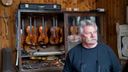 Mistrz lutnik, który robi skrzypce, stoi obok gabloty pełnej instrumentów.