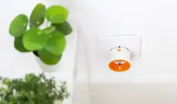 Inteligentne gniazdko w ścianie, idealne do rozpoczęcia przygody ze smart home. Obok zielone rośliny.