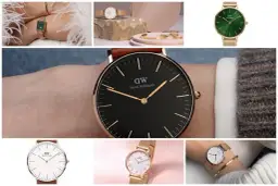 Kolaż zdjęć damskich zegarków Daniel Wellington w różnych stylach i kolorach.