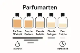 Fünf Parfümflaschen mit unterschiedlichen Flüssigkeitsfarben und -füllständen, die Intensität und Haltbarkeit vergleichen.