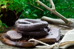 Kaszanka na drewnianej desce, obok plasterki i zioła.