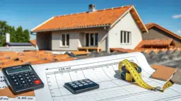 Planowanie dachu: kalkulator, miarka i schemat pokazują, ile dachówek wchodzi na m2. W tle dom w budowie.