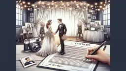 Para ustala warunki z fotografem przed ślubem, podpisując umowę. W tle dekoracje i zdjęcia.