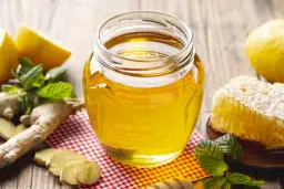 Słoik miodu rzepakowego, plastry miodu, cytryny, imbir i mięta na drewnianym stole.