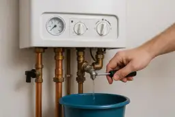 Odkręcanie odpowietrznika w kotle gazowym, gdy występują objawy zapowietrzenia. Woda kapie do wiadra.