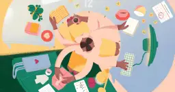 Ludzie pracują przy biurku, tworząc przykłady działań ekologicznych: segregacja śmieci, recykling, dbanie o rośliny.