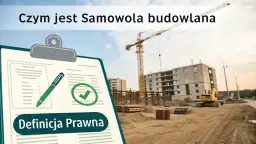 Tablica z tekstem "Definicja Prawna" i symbolem zaznaczenia, na tle budowy z dźwigiem. Poznaj definicję samowoli budowlanej i uniknij kary.
