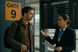 Niezadowolony pasażer dowiaduje się o overbookingu i możliwości uzyskania odszkodowania od pracownicy lotniska.