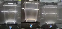 Porównanie maski BMW: przed polerowaniem widać rysy, po - idealny połysk. Dowiedz się, ile kosztuje polerowanie auta u lakiernika.