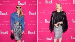 Dwie kobiety w błyszczących, srebrnych spódnicach. Jedna w jeansowej kurtce, druga w skórzanej ramonesce. Inspiracja, co założyć do srebrnej spódnicy.