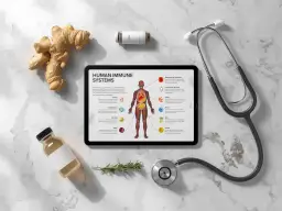 Imbir, zioła i suplementy na ekranie tabletu pokazują, co wywołuje choroby autoimmunologiczne. Stetoskop i butelka sugerują medyczne podejście.