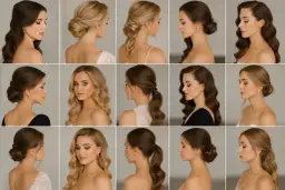 Kolekcja fryzur na wesele: proste włosy ułożone w eleganckie koki, fale i kucyki.