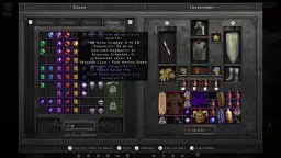 Interfejs gry Diablo 2 z ekwipunkiem, zawierający klejnoty, przedmioty i runy.