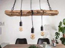 Wyjątkowa lampa DIY z naturalnego drewna, zawieszona na łańcuchu, z trzema żarówkami w stylu retro.