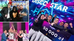 Grupa mężczyzn świętuje zwycięstwo w Disco Star 2026, trzymając czek na 50 000 zł.