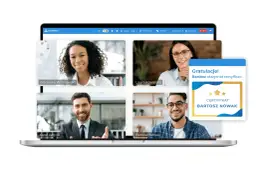 Uczestnicy wirtualnego spotkania, gdzie każdy może dowiedzieć się, webinarium co to jest. Gratulacje dla Bartosza za certyfikat!
