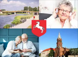 Cztery obrazy: most nad rzeką, starsza kobieta w słuchawkach, para seniorów z tabletem, kościół.