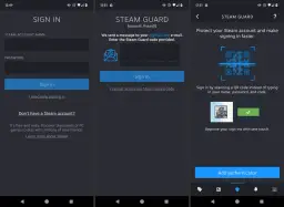Ekran logowania Steam Guard, wprowadzanie kodu, skanowanie kodu QR i dodawanie uwierzytelniania.