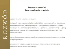 Pozew o rozwód bez orzekania o winie. Dokument zawiera treść wniosku o rozwiązanie związku małżeńskiego, wyjaśniając jak uzasadnić pozew o rozwód bez orzekania o winie.