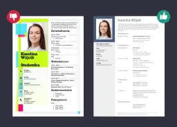 Zdjęcie przedstawia fragment CV z portretem młodej kobiety, Karoliną Wójcik, oraz jej danymi kontaktowymi i zawodowymi.