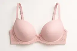 Różowy biustonosz z fiszbinami i koronkowymi detalami.