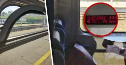 Warszawa awaria pociągów. W upalny dzień 11.07.2024, 14:40, pociąg stoi na stacji, temperatura 41°C, prędkość 76 km/h.