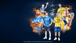 Pięciu zawodników piłki ręcznej w niebieskich i żółtych strojach, z płomieniami i logiem Ligi Mistrzów EHF.