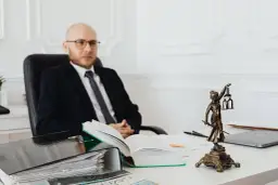Prawnik w garniturze analizuje dokumenty dotyczące kosztów notarialnych przy zakupie mieszkania. Na biurku Statua Temidy i otwarte księgi.