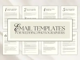 Szablony maili dla fotografa ślubnego: zapytanie, niedostępność, propozycja, onboardingu. Pomocne przy komunikacji z klientami.