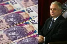 Polskie banknoty 20 zł i portret Jarosława Kaczyńskiego.