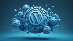 Niebieskie, geometryczne kule i bryły unoszące się w przestrzeni, z logo WordPress na największej kuli.