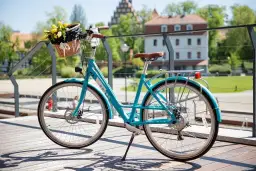 Błękitny rower z koszykiem pełnym żółtych tulipanów. Dowiedz się, jak zamontować koszyk na rower na klik, by cieszyć się wiosennymi przejażdżkami.