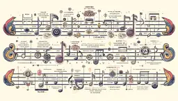 Ilustracja przedstawia skomplikowany system nut i symboli muzycznych, który może pomóc w nauce, jak czytać nuty na skrzypce.