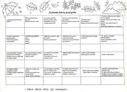 Ilustracja z parasolką, liśćmi i chmurami deszczowymi, towarzysząca karcie poetyckiej o jesieni.