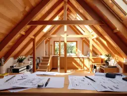 Na stole leżą plany architektoniczne. W tle widać kuchnię i schody prowadzące na poddasze użytkowe, które jest pełnoprawną kondygnacją.