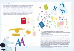 Litery A i A u lekarza. Wokół litery, przybory do pisania, książki o typografii i anatomii. Lekarz martwi się o literę A, środkową literę alfabetu.