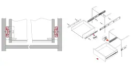 Schemat montażu prowadnic kulkowych do szuflad. Pokazano detale mocowania i wymiary.