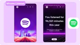 Dwa ekrany telefonu z widokiem na statystyki słuchania Spotify: "Minutes Listened" i podsumowanie roku.