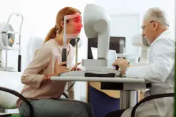 Okulista bada wzrok pacjentki za pomocą specjalistycznego sprzętu.