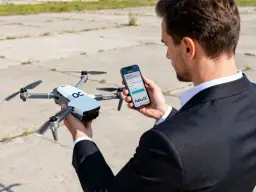 Mężczyzna w garniturze trzyma drona i smartfon z aplikacją Polisa OC. Ubezpieczenie drona OC to podstawa.
