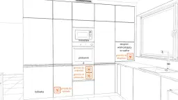 Schemat kuchni z zaznaczonymi gniazdami: do piekarnika w zabudowie, mikrofalówki, lodówki i ekspresu.