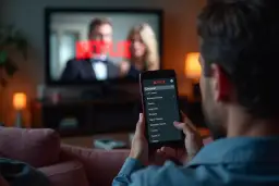 Osoba trzymająca smartfon z menu językowym Netflixa na ekranie, w tle telewizor z logo Netflix.