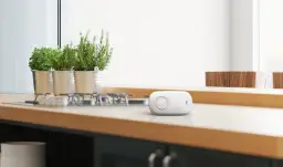 Czujnik czadu piszczy co robić? Urządzenie na blacie kuchennym obok ziół w doniczkach.