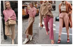 Stylizacje z beżowymi spodniami damskimi: różowe swetry, satynowe spódnice, kamelowe płaszcze i różowe spodnie.